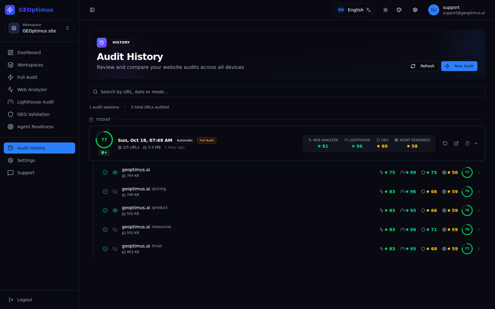 Audit history showing the saved session and its pages.