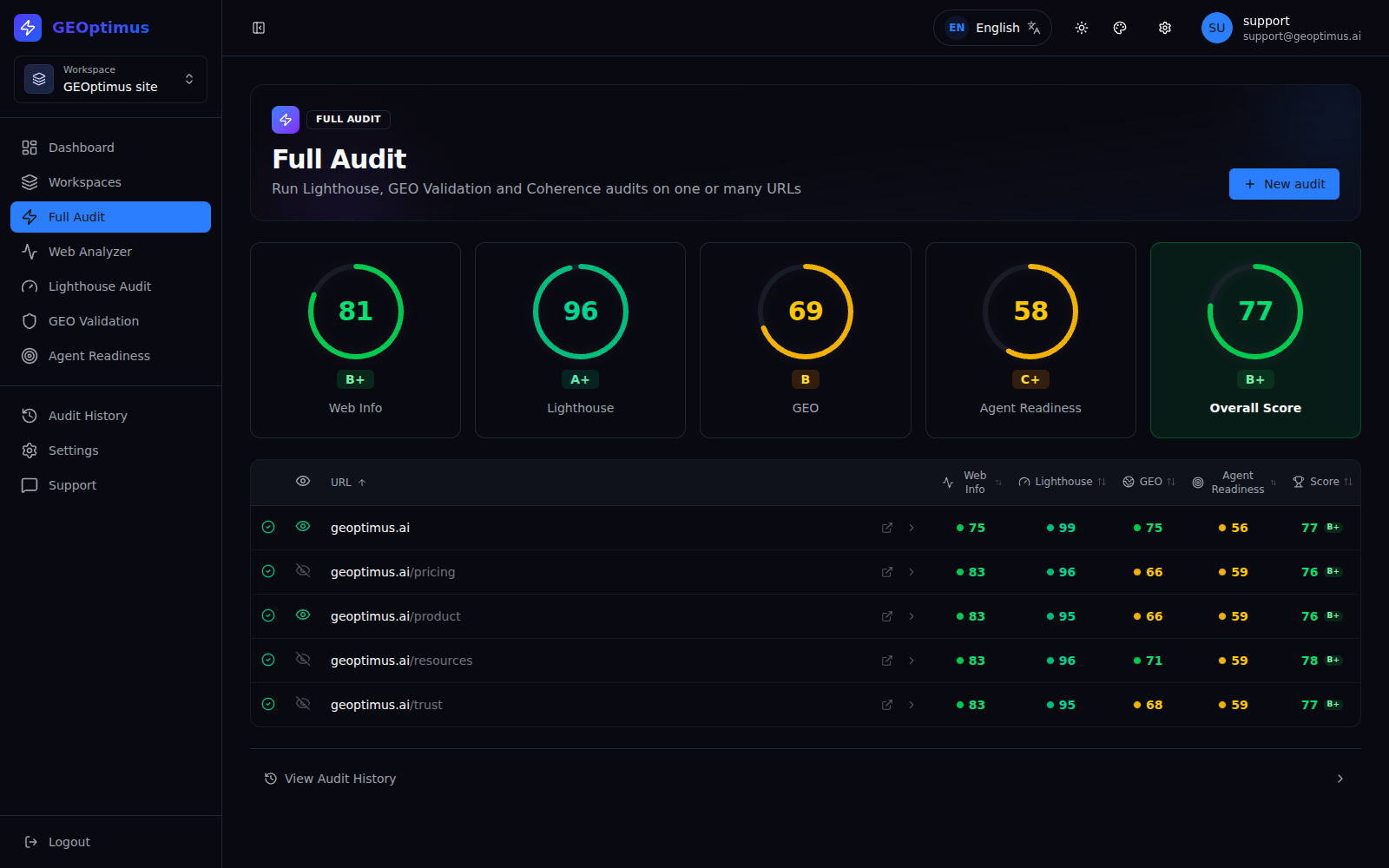 Full Audit: per-area scores and per-page results.