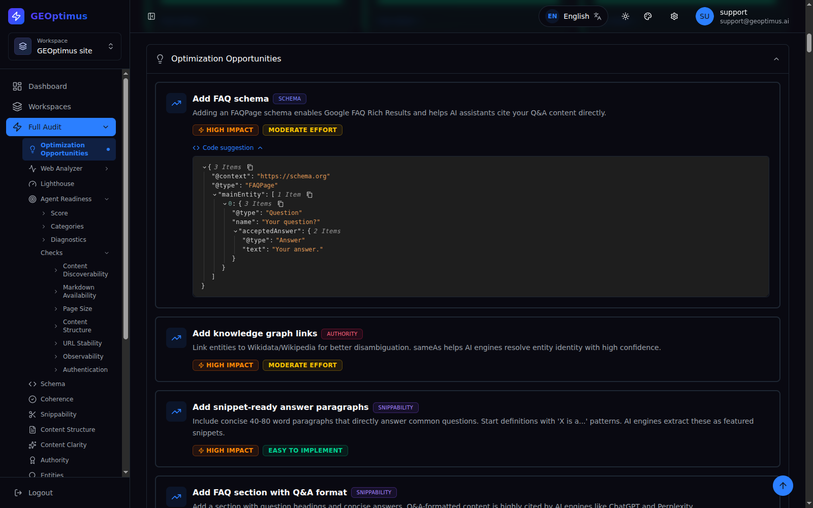 The opportunity detail view, with an adaptable JSON-LD code example.
